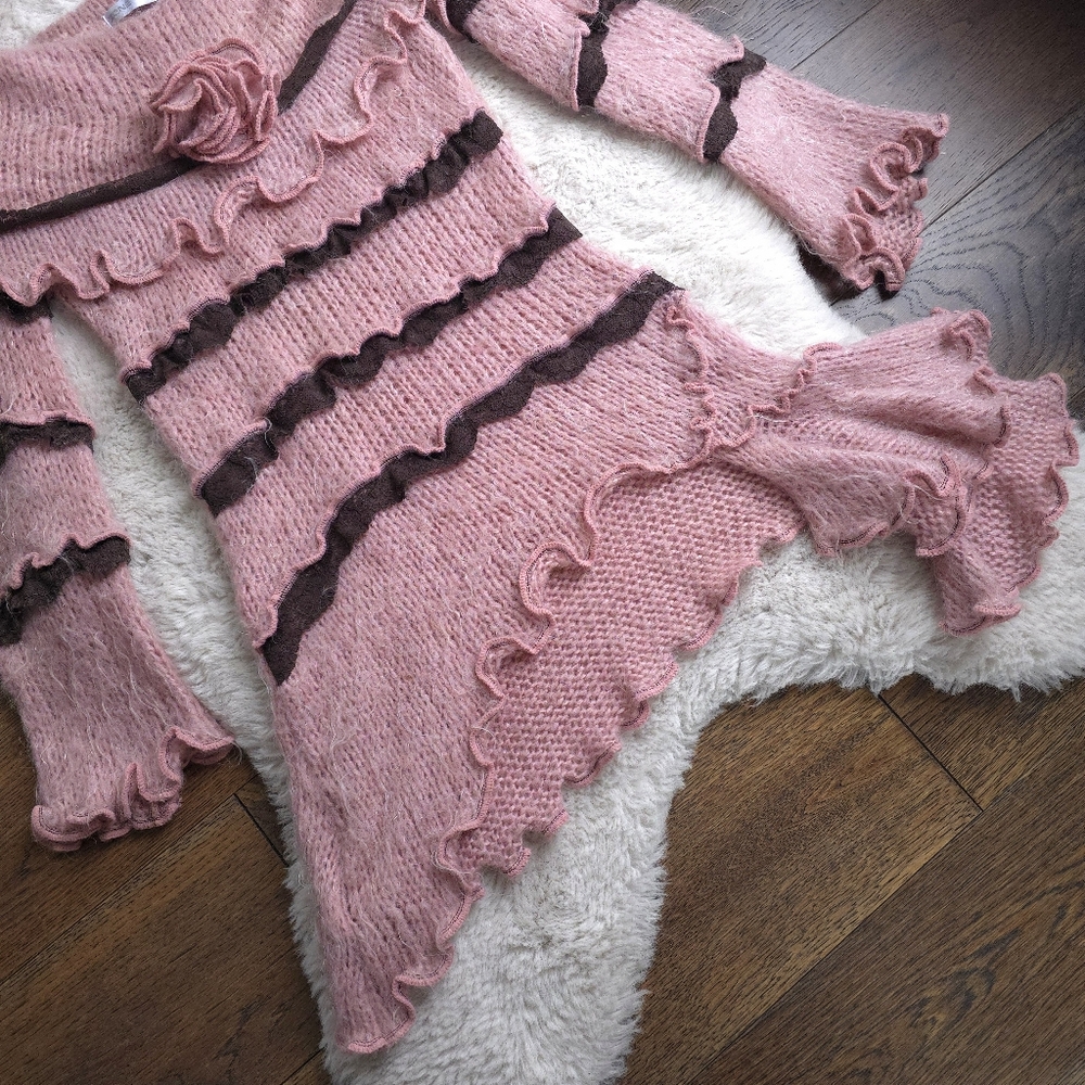 Vintage Zone Bleue Ballet Fairy Rosette Off-Shoulder Ruffle Sweater Tunic Top - Picture 4 of 9